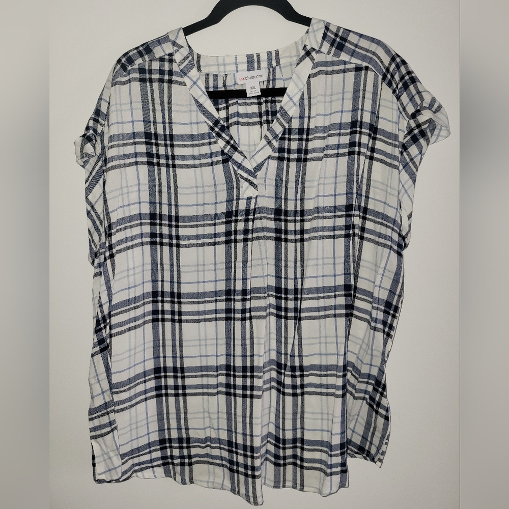 Liz Claiborne Black and White Blouse Classic Plaid Design